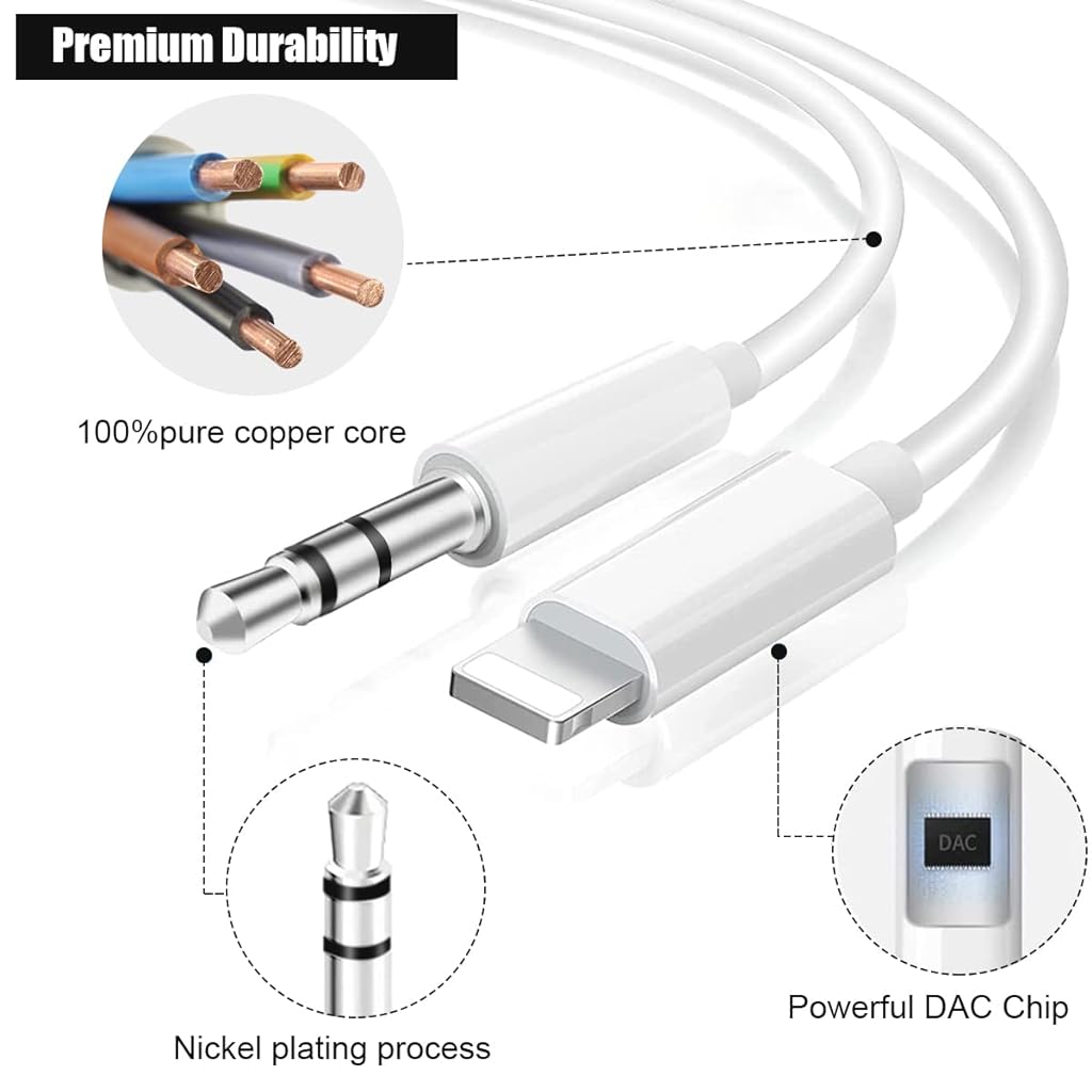 ZORBES Aux Cord for iPhone, 3.3FT Light-ning to 3.5 mm Headphone Jack Adapter Male Aux Stereo Audio Cable for Car Home Stereo, Speaker Compatible with iPhone 13/12/11/XS/XR/X/8/7/iPad/iPod, White