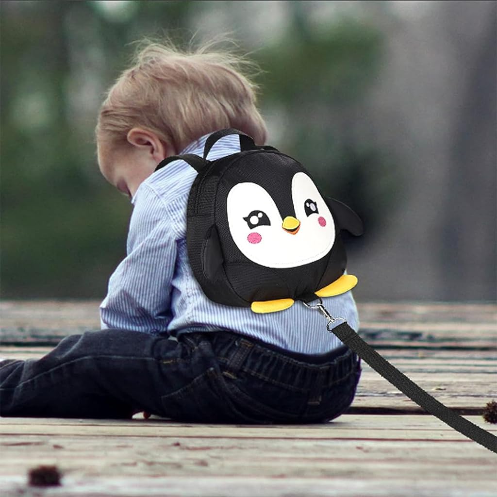 SNOWIE SOFT® Cute Toddler Backpack with Detachable Safety Leash Anti Lost Kids Travel Backpack for Toddlers Cartoon Penguin Backpack Toddler Backpack for Girls Boys (Black)