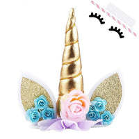 Supvox Handmade Gold Reusable Unicorn Horn Ears Eyelash Set Birthday Cake Topper for Decoration (5.8 Inch)