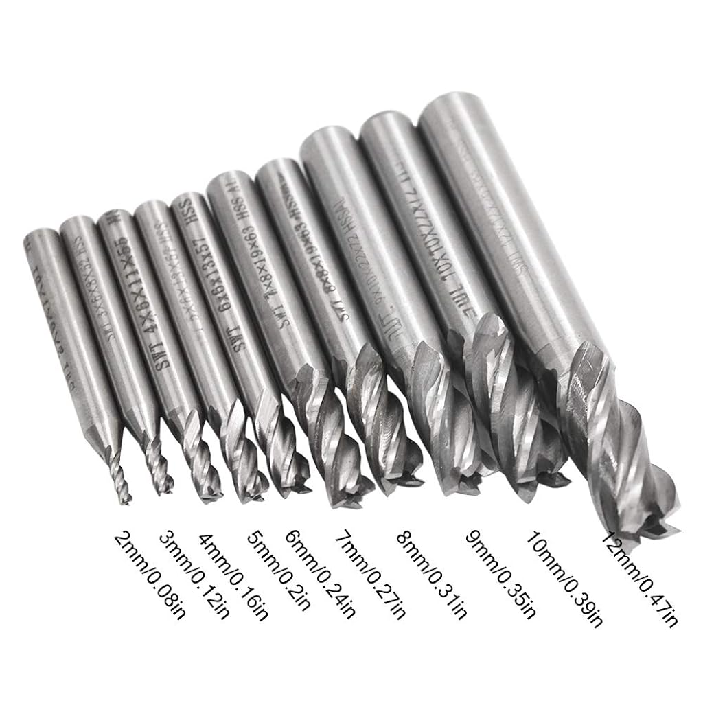 ZIBUYU® 10 Pcs Square Nose End Mill Cutter 4 Flute Straight Shank Drill Bit Tool Set with 2/3/4/5/6/7/8/9/10/12mm Size