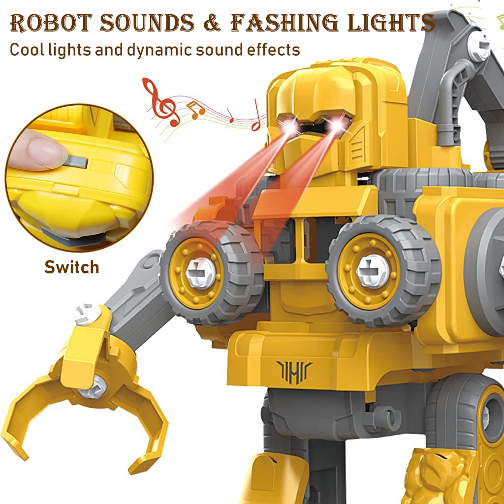 PATPAT Robot Car Transformers Toys for Kids 5 in 1 Transformer Car Toys with Sound Flash Light Assemble Engineering Truck Car Toy Pull Back Car Toys Christmas Birthday Gifts for Kids 3-12 Years Old