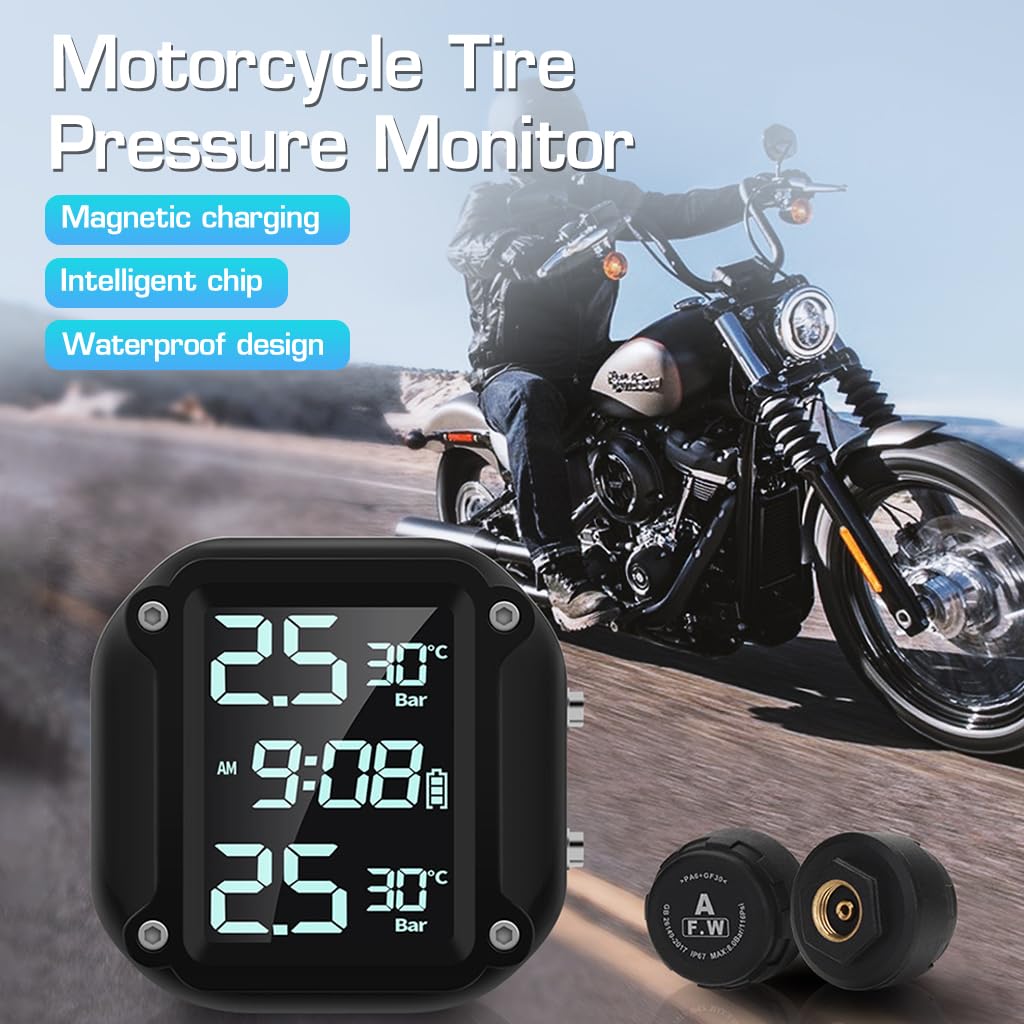 STHIRA® Motorcycle Tire Pressure Monitor Mountable LCD Wireless TPMS with 2 External Electric Sensors Universal USB Rechargeable Motorcycle Tire Pressure Monitor