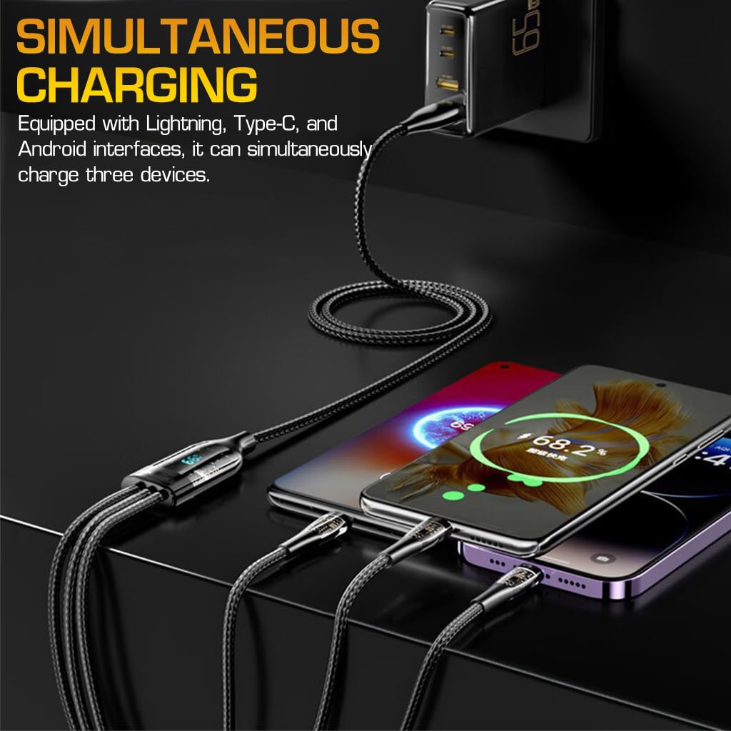Verilux® 3 In 1 USB Charging Cable, Heavy Duty 66W Fast Charging Cable Cord With Type C/Light-ning/Micro, LED Display Multi Chubby Cable USB Charging Cable for Iphone/Ipad/Tablets/Samsung Galaxy