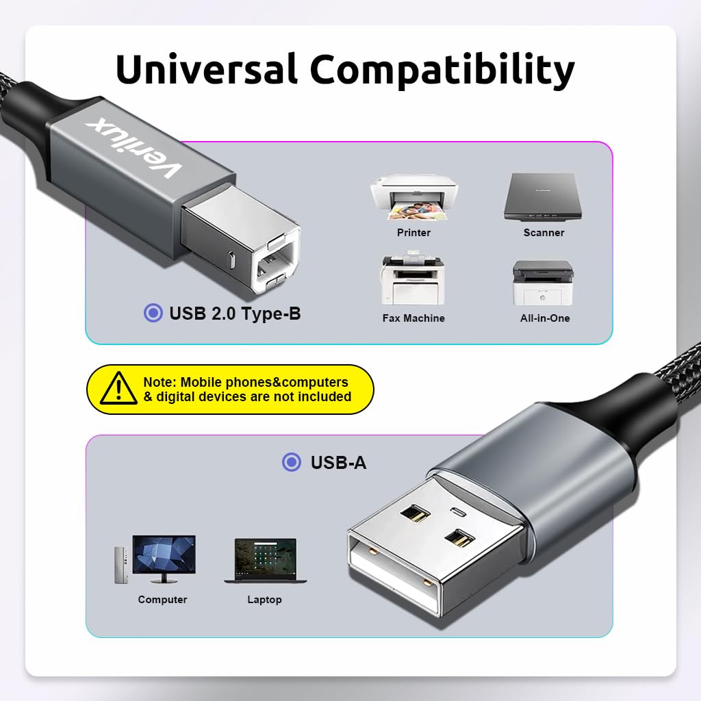 Verilux Printer Cable, 10FT High Speed USB A to USB B 2.0 Nylon Braided Male to Male Cable for Printer Scanners Cable Compatible with HP, Canon, Dell, Epson, Lexmark, Xerox, Samsung and More
