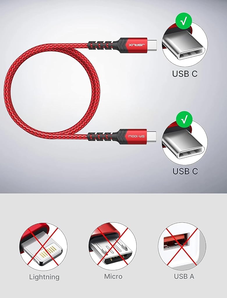 JSAUX® [2-Pack 6.6Ft Type C To Type C Cable Charging,100W/5A Usb C To Usb C Cable,480Mbps Braided Data Cable C Type For Macbook Pro 2020,Ipad Pro 2020,Ipad Air 4,Samsung S23+/S23 S22 Ultra,?Red