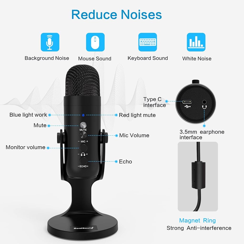 ZORBES Professional Condenser Microphone,Stereo Microphone with Volume Knob & Headphone Output,Microphone with Stand,HiFi Condenser Microphone for YouTube,Gaming,Livestream,ASMR Recording