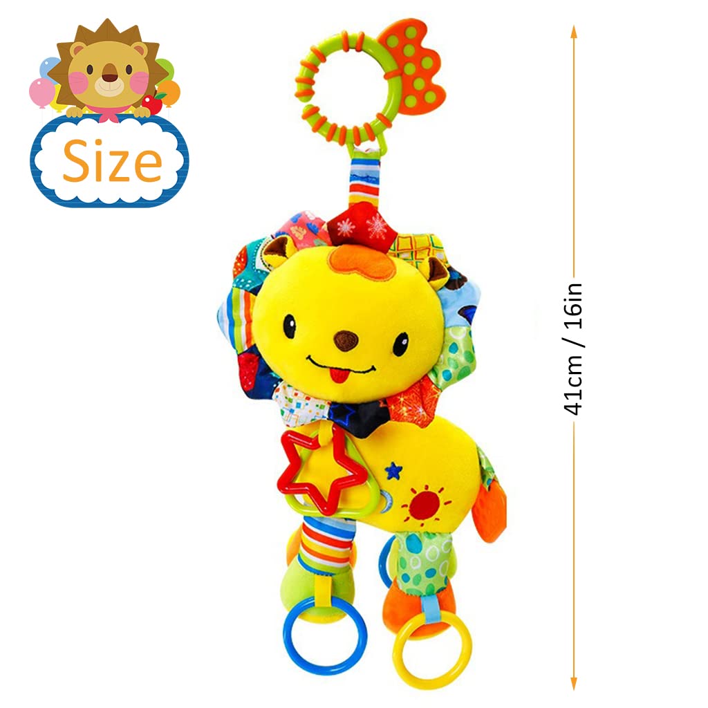 SNOWIE SOFT Baby Soft Hanging Rattle Crinkle Squeaky Toy Car Seat Stroller Hanging Toys with Teethers Plush Soft Lion Toys Hangable on Crib Pramfor Infant Babies Boys and Girls 3 6 9 to 12 Months