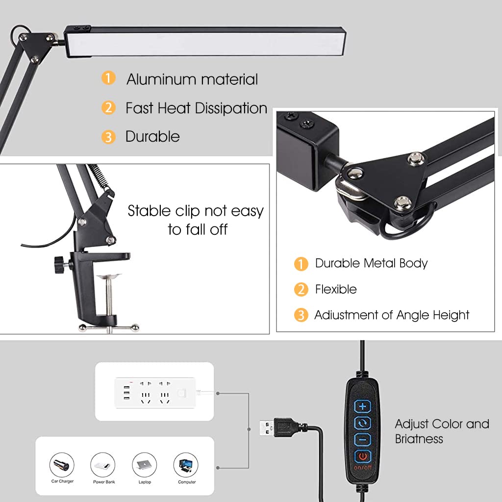ELEPHANTBOAT LED Desk Lamp Screw Fixed Desk Lamp Eye-Friendly LED Desk Lamp Work Lamp Dimmable Study Lamp Flexible Lamp Arm, USB Power LED Desk Lamp for Home, Office