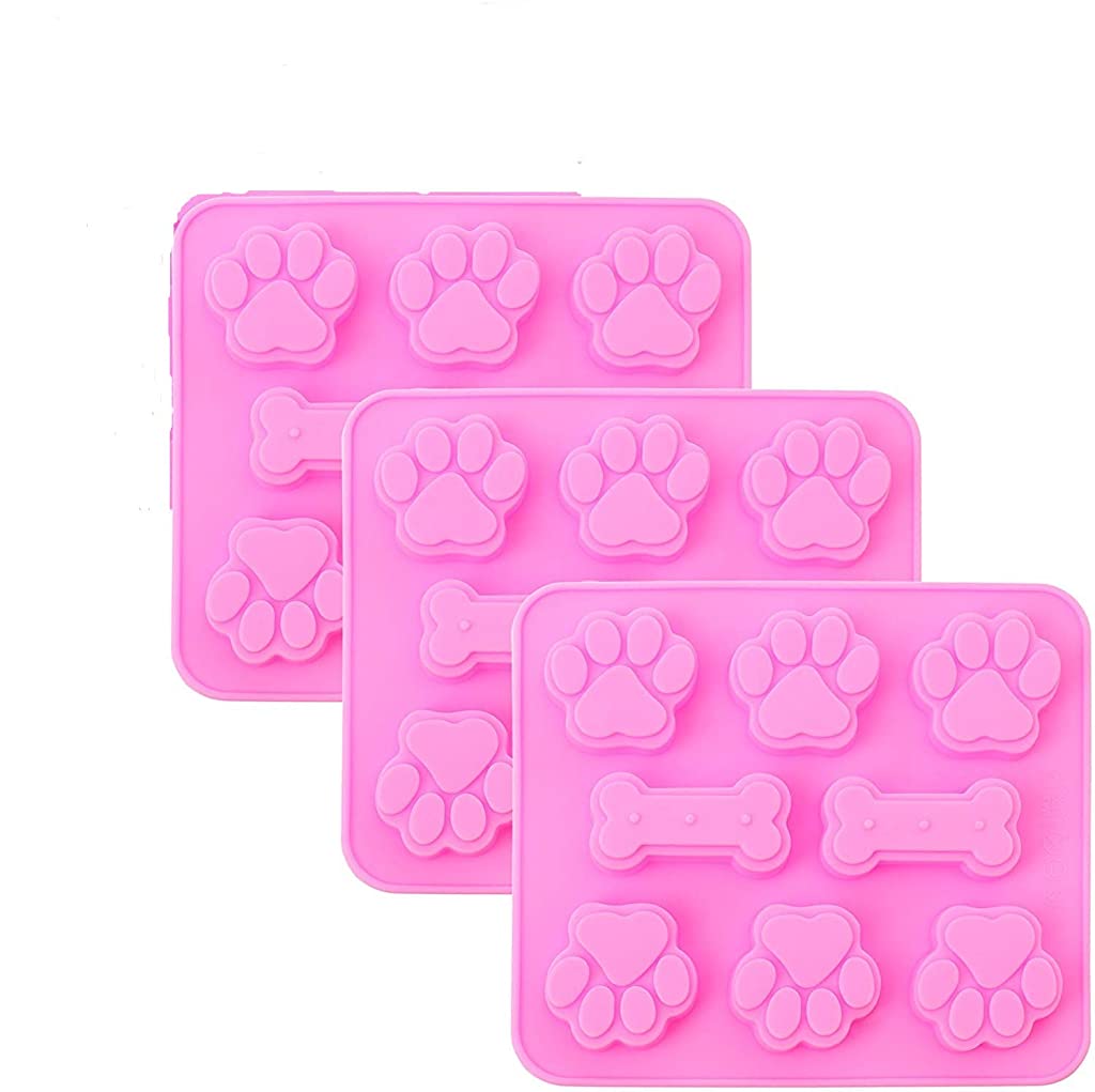 HASTHIP 3 Pieces Silicone Molds Puppy Dog Paw & Bone Shaped 2 in 1, 8-Cavity, Reusable Ice Candy Trays Chocolate Cookies Baking Pans