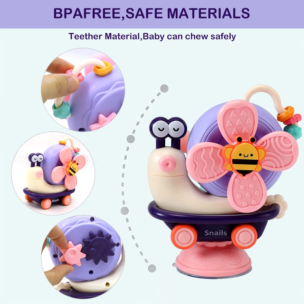 PATPAT Baby Bath Toys Cartoon Snail Sensory Toys for Babies Newborn Toys Pull Back Car High High Chair Toy for Airplane Travel, Montessori Toys & Gifts for Baby Toddlers Boys Girls 1-3 Years Old