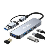 Verilux® USB Hub 3.0 for PC Type C Hub 4 in 1 High Speed 3.0+2.0 Multi USB Port for Laptop & Type-C 2.0 Port 5Gbs Transfer Speed USB Extender Multiple USB Connector for MacBook Air/Pro M1/M2, iPad Pro