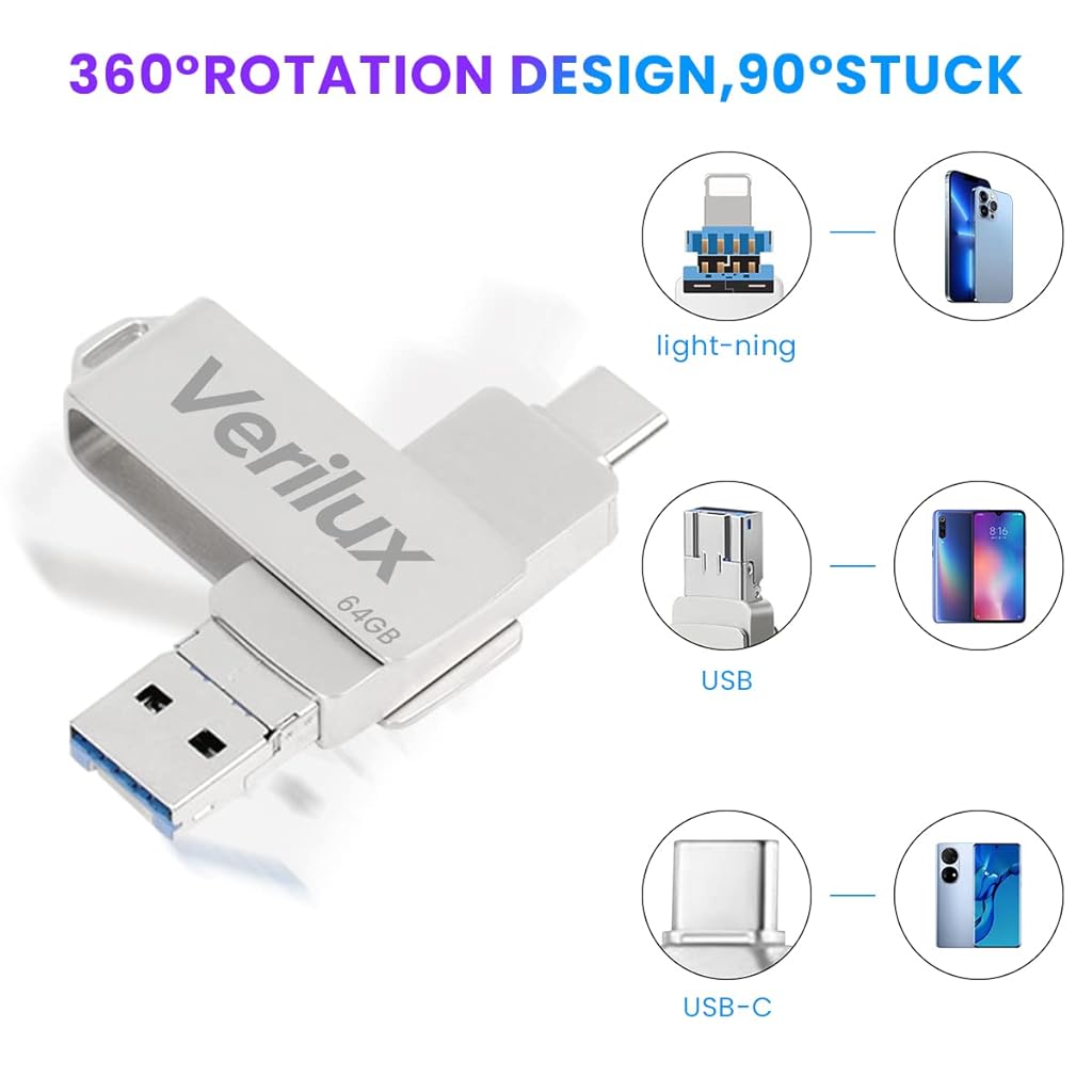 Verilux Pendrive 64GB 3 in 1 USB 3.0 Flash Drive with Light-ning, USB A, Type-C Interface Mini Hangable PenDrive for iOS & Android Compatible with iPhone, iPad, Smartphone, PC and More Devices