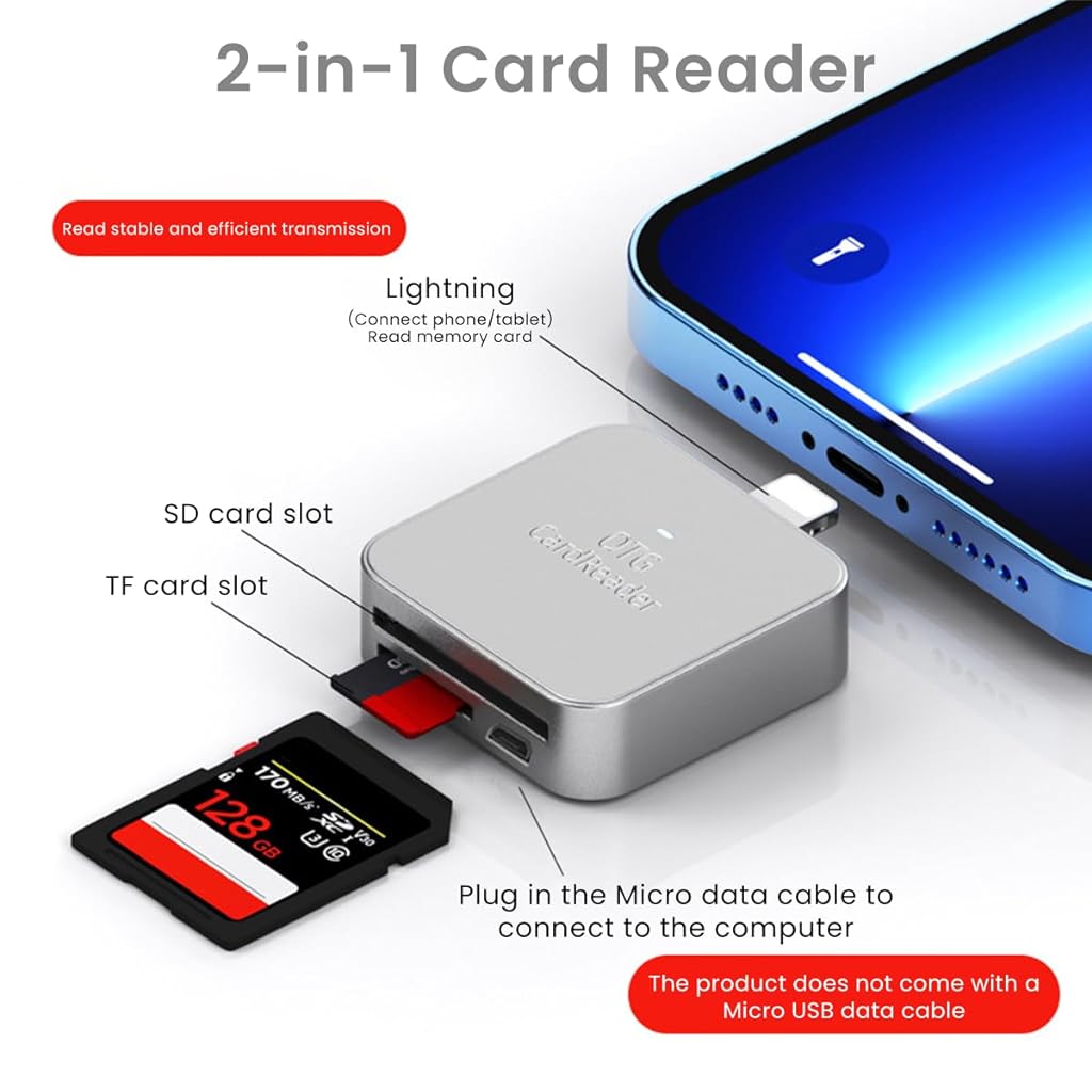 Verilux Card Reader for iPhone 2 in 1 SD Card Reader for iPhone iPad Camera, Micro SD Card Reader wirh Micro USB Port Supports SD and TF Card Micro SD Card Adapter for iPhone iPad No App Required