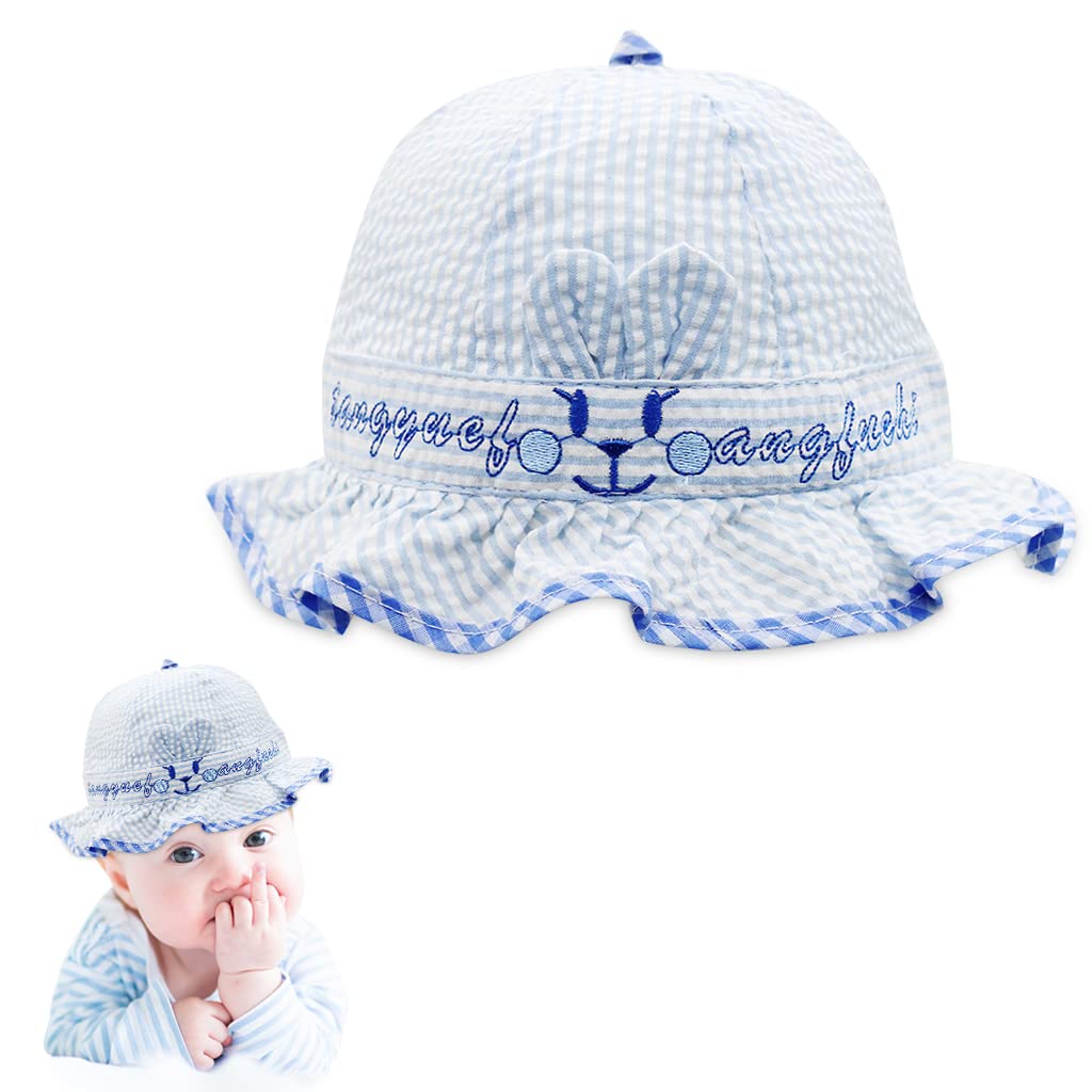 SNOWIE SOFT® Baby Hats for Girls, Hat for Baby Girl, Summer Hat Rabbit Ears Sun Hat Blue Stripy Bucket Hat for Outdoor UV Protection Baby Cap 6-12 Months