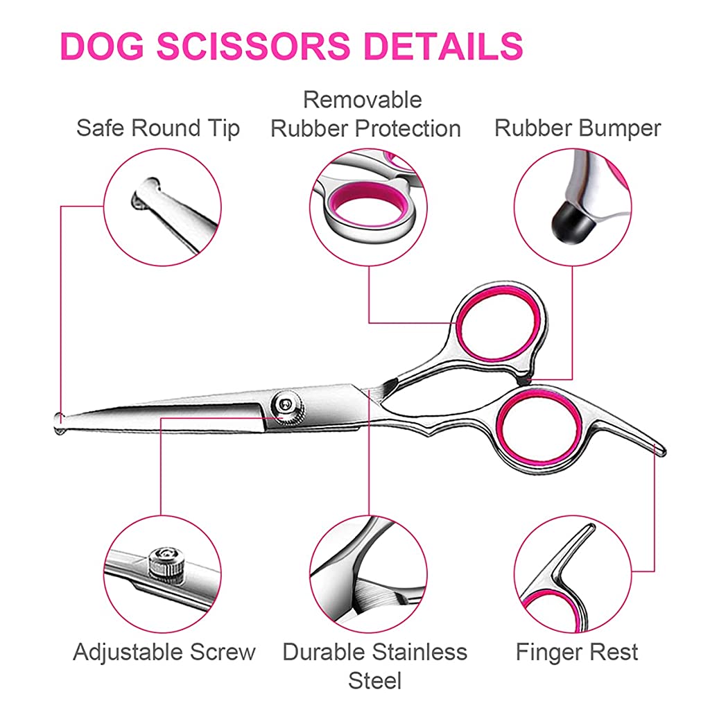 Qpets  Dog Grooming Scissors Kit with Safety Round Tips Stainless Steel Professional Dog Grooming Shears Set - Thinning, Straight, Curved Shears and Comb for Long Short Hair for Dog Cat Pet (4 PCS)