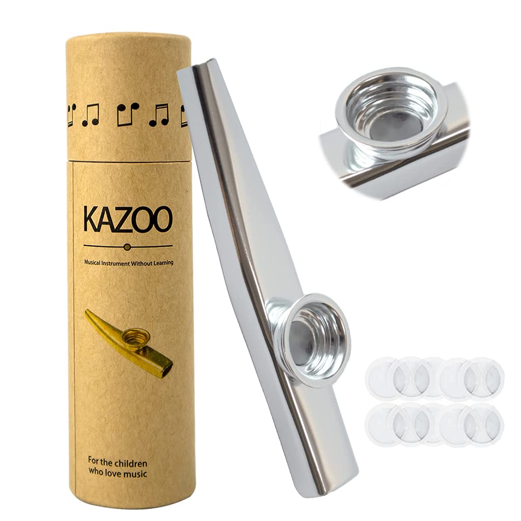 HASTHIP Kazoo Musical Instrument with 10 Pcs Kazoo Flute Diaphragms, Mini Kazoo for Kids/Adults, Aluminum Alloy Kazoo Flute Musical Instruments for Party, Ukulele, Violin, Keyboard Piano (Silver)