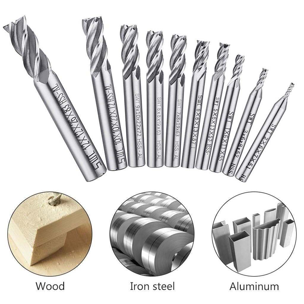 ZIBUYU® 10 Pcs Square Nose End Mill Cutter 4 Flute Straight Shank Drill Bit Tool Set with 2/3/4/5/6/7/8/9/10/12mm Size