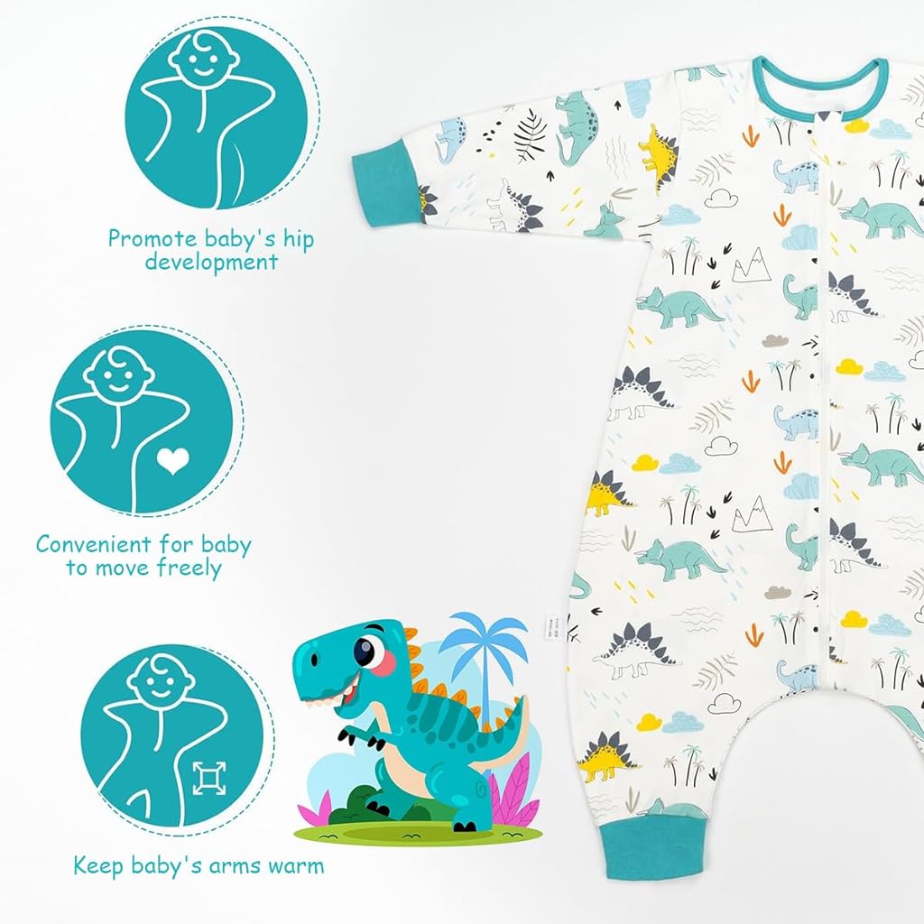 SNOWIE SOFT Baby Sleepsuits Sleeping Bag with Feet 2.5 TOG Wearable Blanket Baby with Long Sleeve Sleep Sack for Infant Toddler 100% Cotton Walking Sleeping Pajamas for Girl Boy 18-36 Months Dinosaur