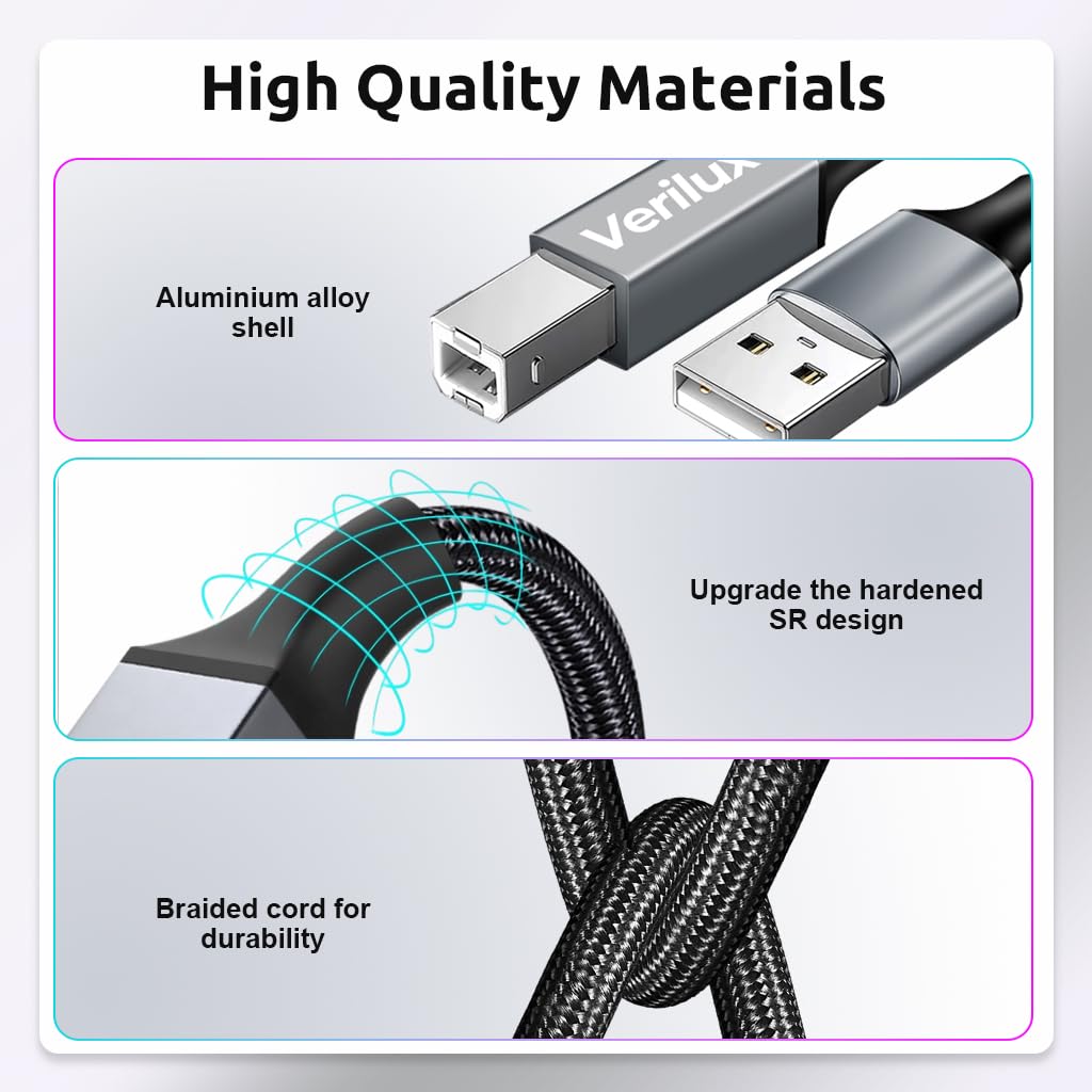Verilux Printer Cable, 10FT High Speed USB A to USB B 2.0 Nylon Braided Male to Male Cable for Printer Scanners Cable Compatible with HP, Canon, Dell, Epson, Lexmark, Xerox, Samsung and More