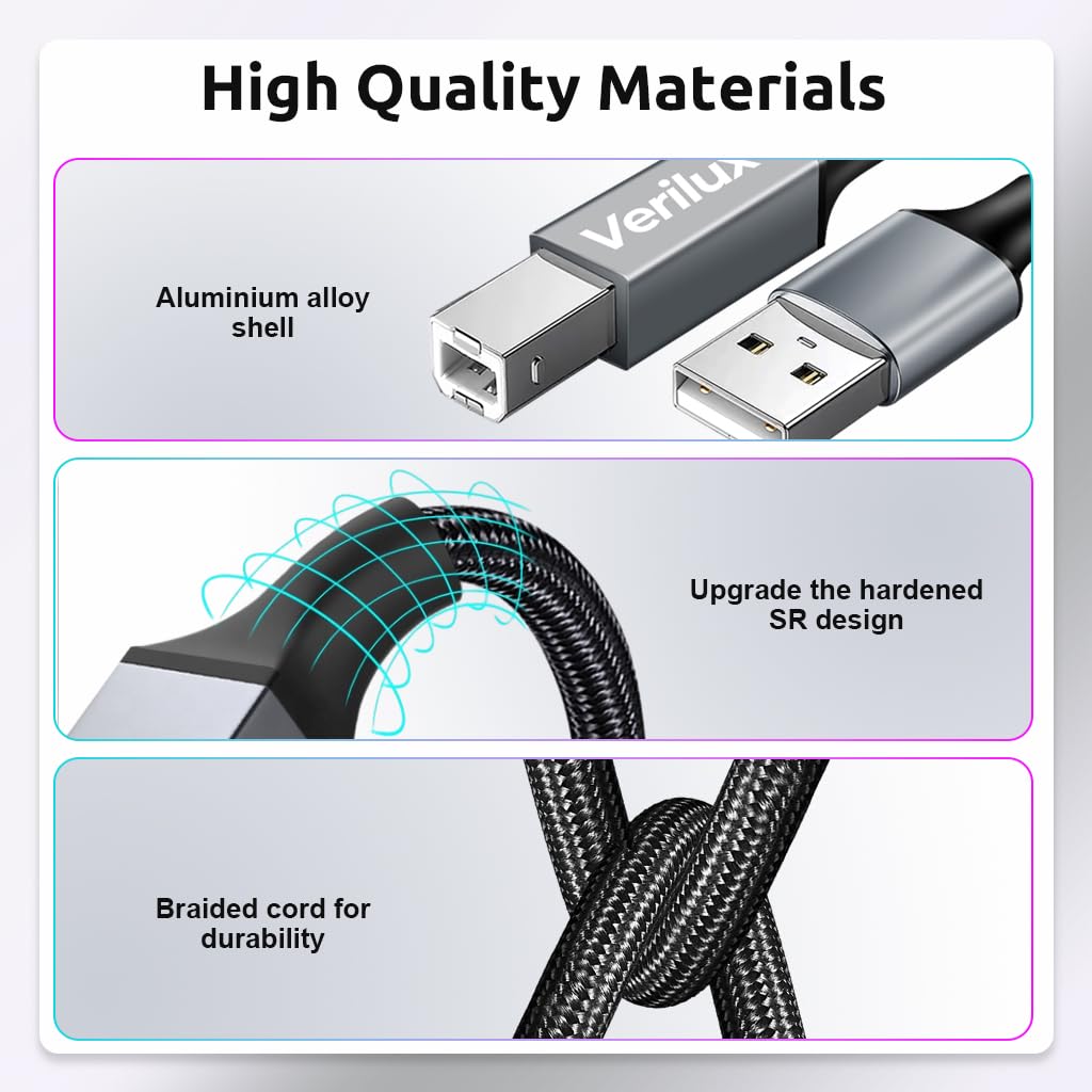 Verilux® Printer Cable, 10FT High Speed USB A to USB B 2.0 Nylon Braided Male to Male Cable for Printer Scanners Cable Compatible with HP, Canon, Dell, Epson, Lexmark, Xerox, Samsung and More