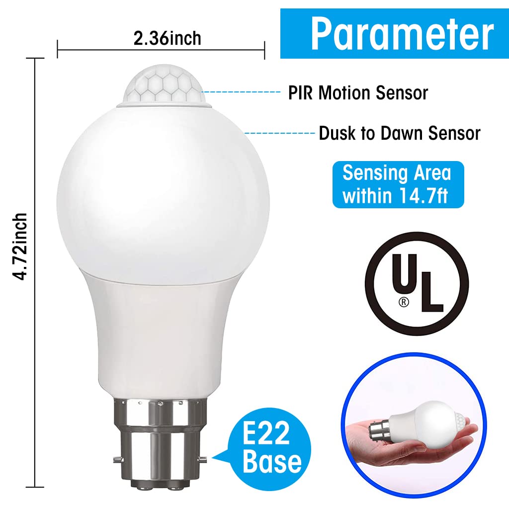 ELEPHANTBOAT 9W Motion Sensor Bulb B22 LED Light Bulb, Motion Induction Light Bulb Energy Saving Light Bulb White Light B22 Light Bulb for Room, Entrance, Porch, Stairs, Garage