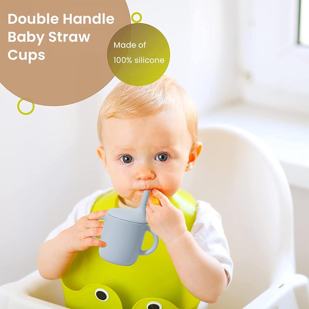 SNOWIE SOFT® 150ml Baby Water Bottle with Straw, Lid and Non-Slip Handle, Silicone Leakproof Sipper Bottle for Baby Toddlers 2 Years+, Dish Washer & Micro-Wave Oven Safe, BPA-Free