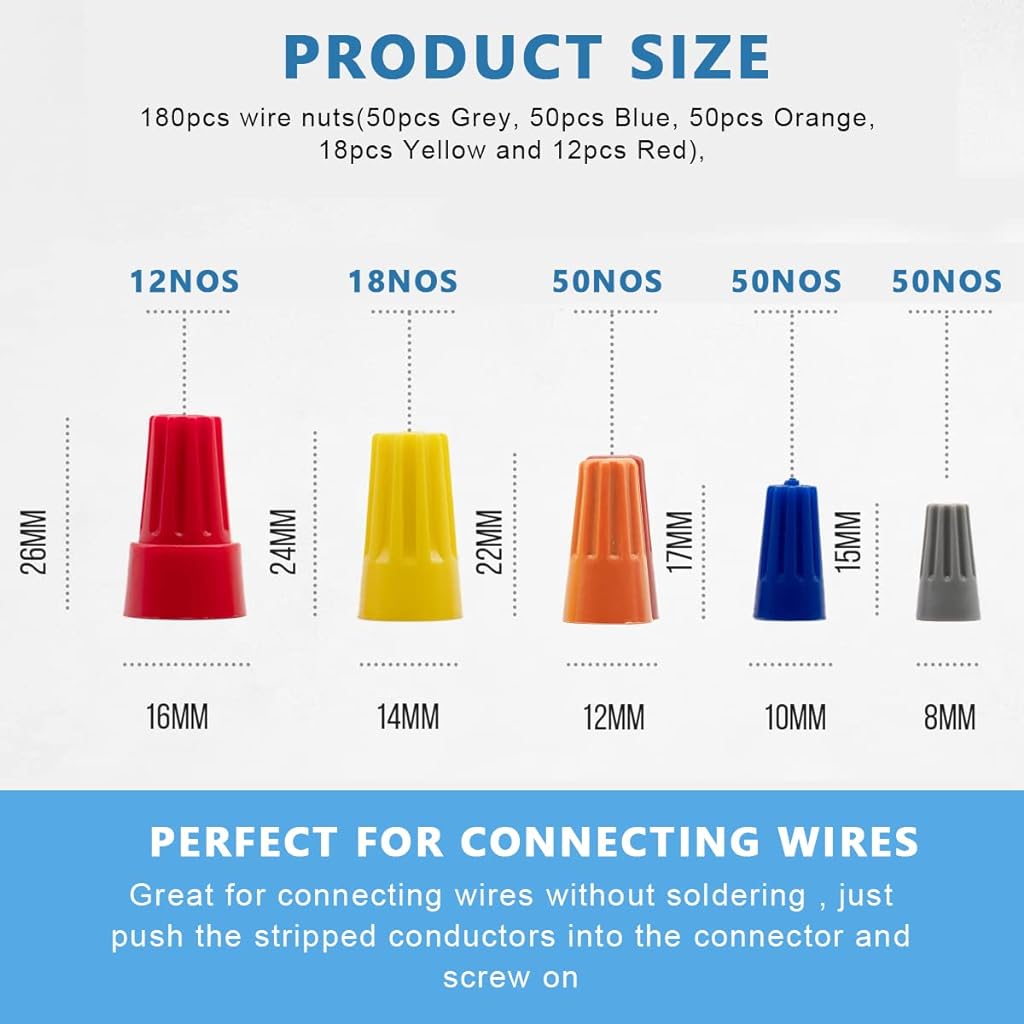 Serplex 180pcs Wire Connectors, Insulating Insert Twist Electrical Wire Connectors with Spring, Wire Splice Connectors, Colorful Wire Caps, Portable Wire Caps for Quick Connection