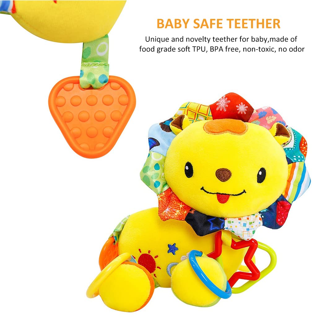 SNOWIE SOFT Baby Soft Hanging Rattle Crinkle Squeaky Toy Car Seat Stroller Hanging Toys with Teethers Plush Soft Lion Toys Hangable on Crib Pramfor Infant Babies Boys and Girls 3 6 9 to 12 Months