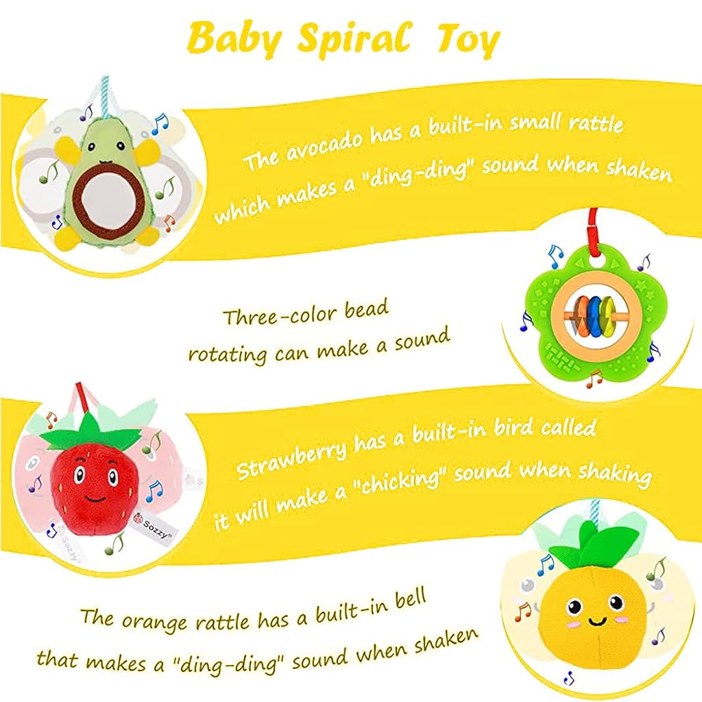 SNOWIE SOFT® Baby Soft Hanging Rattle Crinkle Squeaky Toy Car Seat Stroller Hanging Toys with Teethers Plush Fruits Mirror Toys Hangable on Crib Pramfor Infant Babies Boys and Girls 3 6 9 to 12 Months