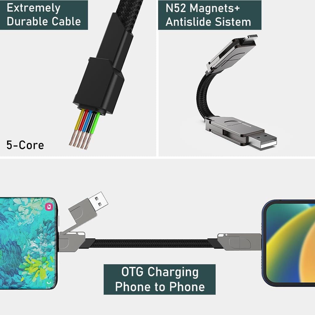 Verilux® 4 In 1 Charging Cable,Usb To Usb C Adapter,Type C To Light- Ning Cable,Usb To Light-Ning Cable,Portable Magnetic Type C To Type C Pd 60W Fast Charging Cable For Iphone,Samsung,Macbook,Black