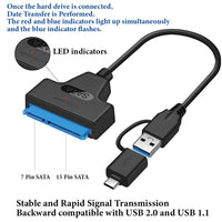 Zeitel® High-Speed USB 3.0/Type-C To SATA Adapter Cable For 2.5" SSD/HDD, UASP SATA III Support, Dual LED Indicators, Plug & Play, Ideal For Data Transfer & Backup, Compatible With USB 2.0/1.0