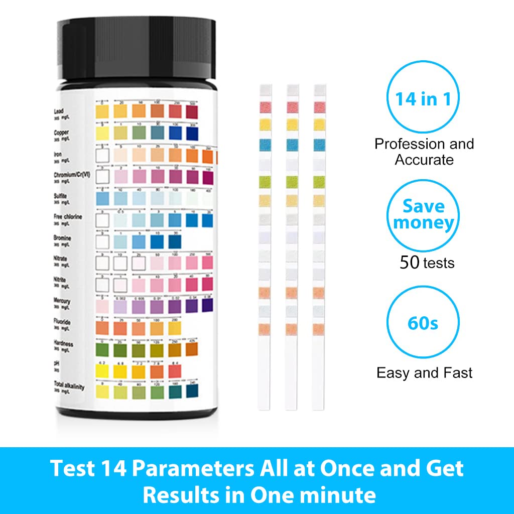 Qpets® 50pcs Water Testing PH Testing Strips, 14 in 1 Water Testing Kit Aquarium Test Strips Professional Freshwater Water Testing Kit for PH GH&KH Nitrite Nitrate Chlorine Carbonate