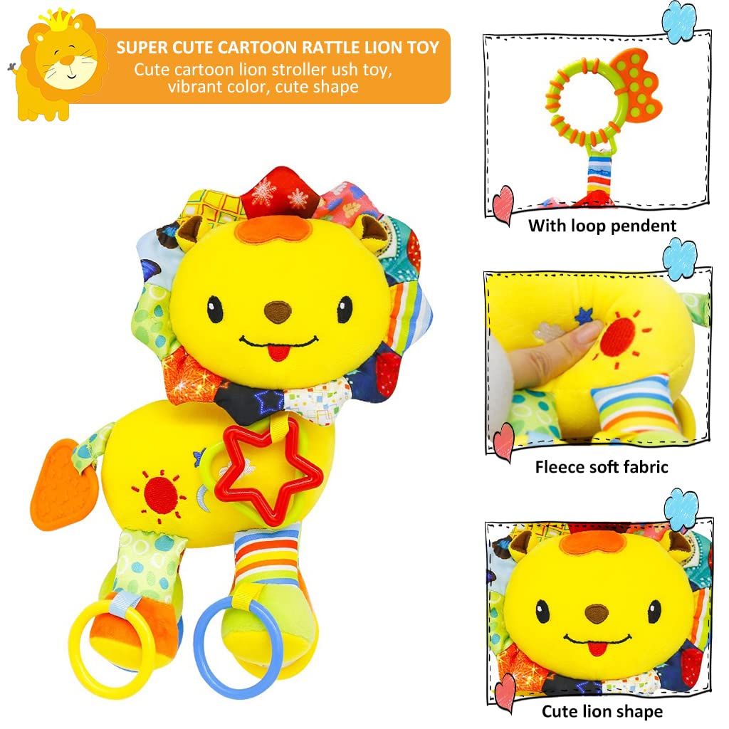 SNOWIE SOFT Baby Soft Hanging Rattle Crinkle Squeaky Toy Car Seat Stroller Hanging Toys with Teethers Plush Soft Lion Toys Hangable on Crib Pramfor Infant Babies Boys and Girls 3 6 9 to 12 Months