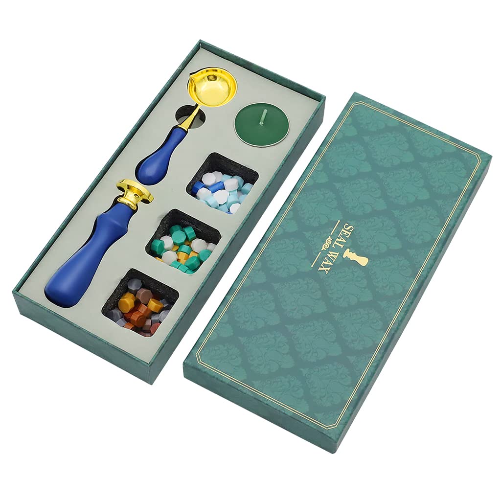 HASTHIP Wax Seal Stamp Gift Box Set, Sealing Wax Stamps with Brass Head for Cards Envelopes, Includes Wax Beads, Candles, Wax Melting Spoon, Wooden Handle Stamp, Fine Gift Box (Blue)