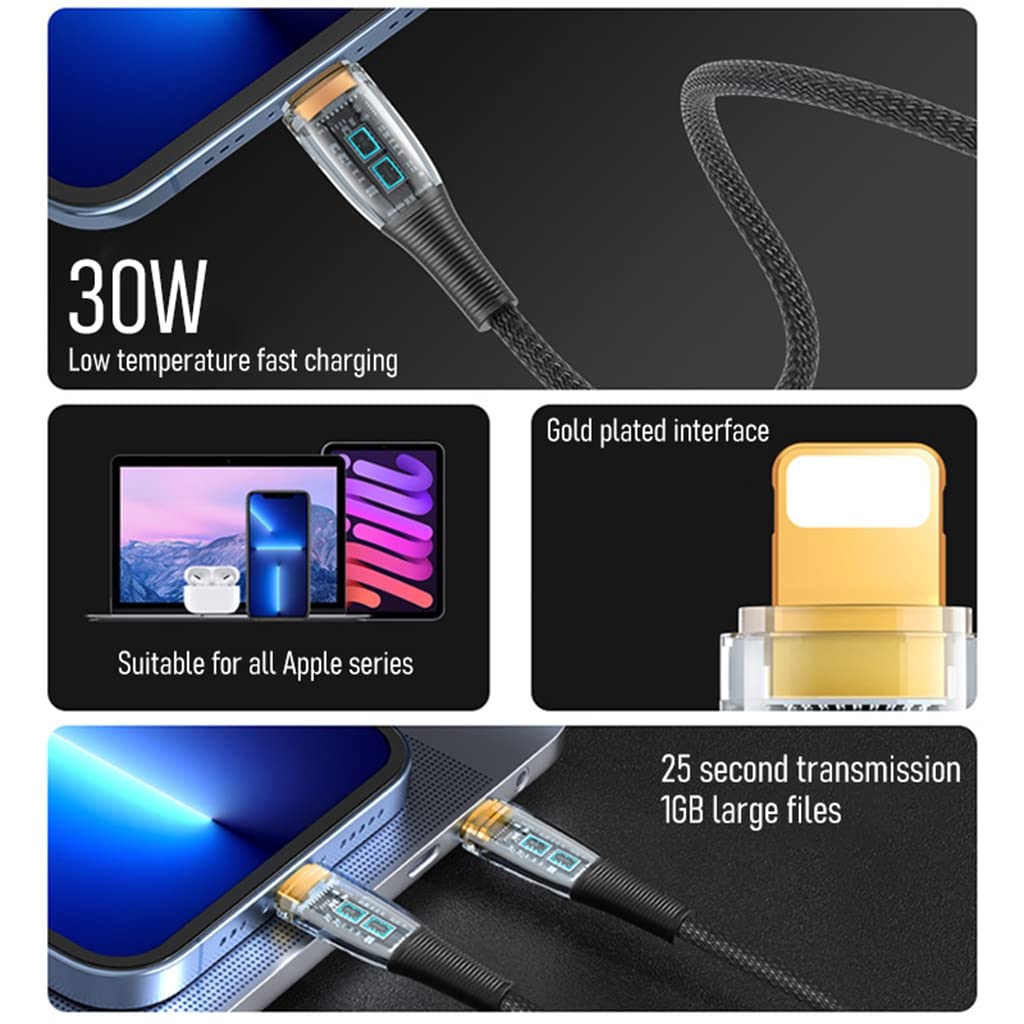 Verilux Type C to Light-ning Cable 3.9Ft USB C to Light-ning Cable Transparent Design i-phone Charger Cable 30W Fast Charging for i-Phone 14/14 Pro/14 Pro Max/13 12 Pro Max/11/ SE/XR, AirPods, iPad