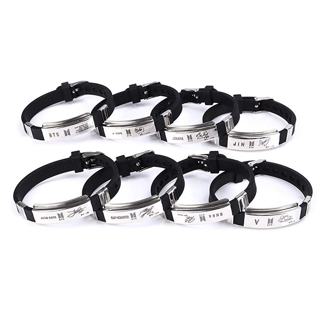 SANNIDHI Kpop BTS Stainless Steel Silicon Wristband Bangtan Bracelet Jungkook Jimin V Suga Jin J-Hope Rap Monster Wristband Wristlet for Unisex Adult (Multi Colour)