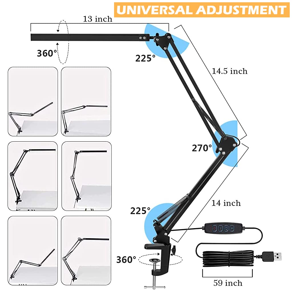 ELEPHANTBOAT LED Desk Lamp Screw Fixed Desk Lamp Eye-Friendly LED Desk Lamp Work Lamp Dimmable Study Lamp Flexible Lamp Arm, USB Power LED Desk Lamp for Home, Office