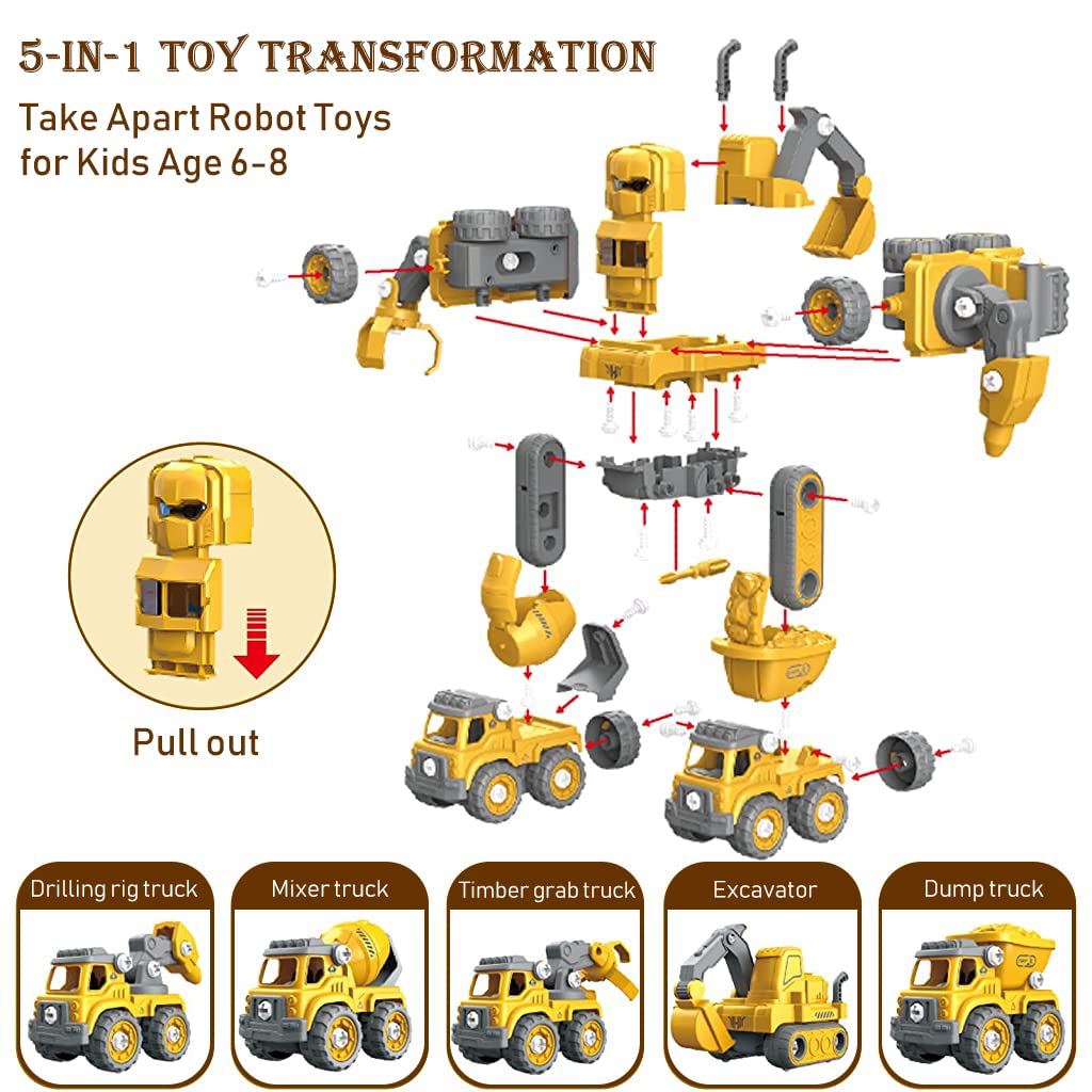 PATPAT® Robot Car Transformers Toys for Kids 5 in 1 Transformer Car Toys with Sound Flash Light Assemble Engineering Truck Car Toy Pull Back Car Toys Christmas Birthday Gifts for Kids 3-12 Years Old