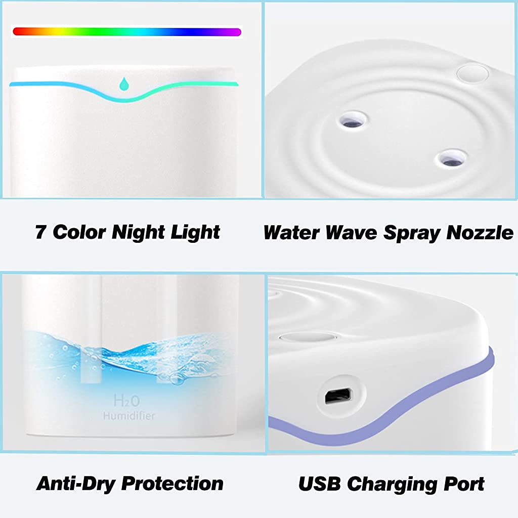 HANNEA  Humidifier for Room Moisture 2L 28dB Silent Humidifier for Plants Indoor Household Ultrasonic Cool Mist Humidifier Desktop Humidifier with Double Spray Nozzle 7-Color RGB Night Light Auto Shut-Off