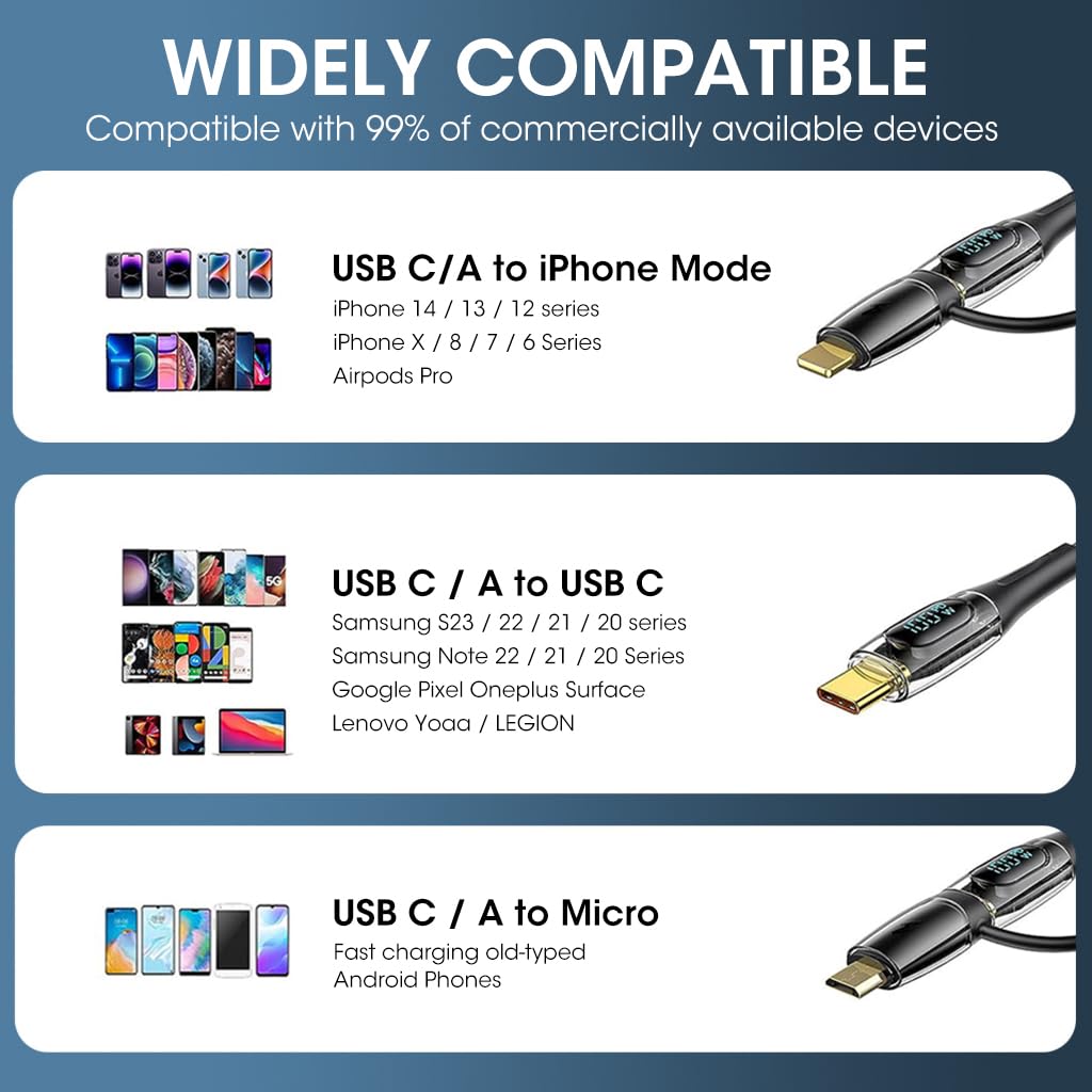 Verilux® Multi USB C/USB A Charging Cable, 100W Fast Charging Cable with LED Display USB Charging Cord with Type C/Micro/Light-ning Connectors Universal Charging Cable for Phone/Tablet/Smart Watch