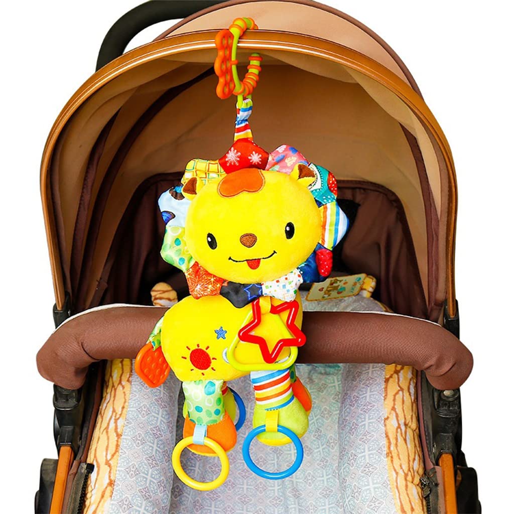 SNOWIE SOFT Baby Soft Hanging Rattle Crinkle Squeaky Toy Car Seat Stroller Hanging Toys with Teethers Plush Soft Lion Toys Hangable on Crib Pramfor Infant Babies Boys and Girls 3 6 9 to 12 Months