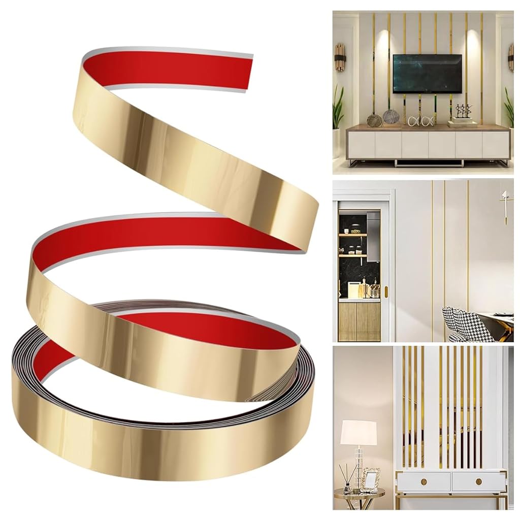 HASTHIP® 16.4ft Golden Metal Trim Wall Strip, 201 Stainless Steel Self Adhesive Peel and Stick Wall Trim Metalized Mirror-Like Finish for Wall Ceiling Floor Cabinet Tile Edge Moulding
