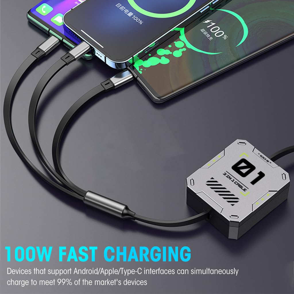 Verilux® Multi Retractable 100W Fast Charging Cord, 3 in 1 USB Charging Cable Compatible with Light-ning/Type C/Micro USB, 30-120cm Adjustable Length Charge for Cell Phones/Tablets/IOS/Android