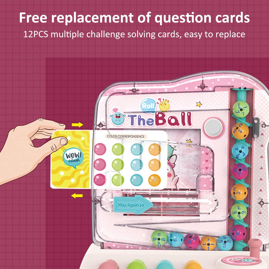 PATPAT Roll Ball Toy for Kids Early Learning & Educational Toys for Kids with 12 Puzzle Cards & 12 Balls STEM Toy for Kids Age 3 4 5 6 7 8 Montessori Preschool Sensory Toys Gift for Boys Girls - Pink