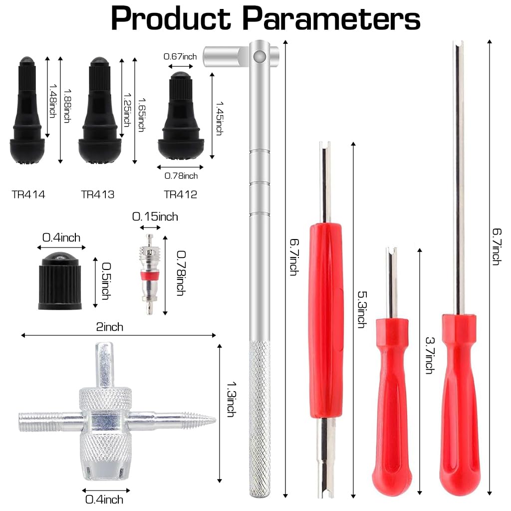 STHIRA® 40Pcs Valve Stem Tool, 5pcs TR412, 5pcs TR413, 5pcs TR414 Tire Snap in Short Rubber Valve Stem, 4 Way Valve Core Remover, Single Head Tire Remover Installer Puller Tool for Most Cars