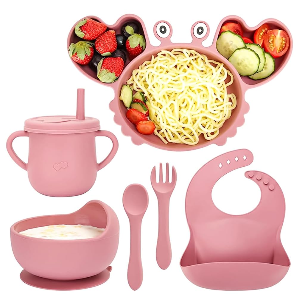 SNOWIE SOFT® 6pcs Silicone Tableware Kit for Baby, Foodgrade Silicone Tableware Kit with Suction Plate & Bowl, Cup with Straw, Spoon Fork and Bib, BPA-Free Dishwasher & Microwave Safe Baby Product