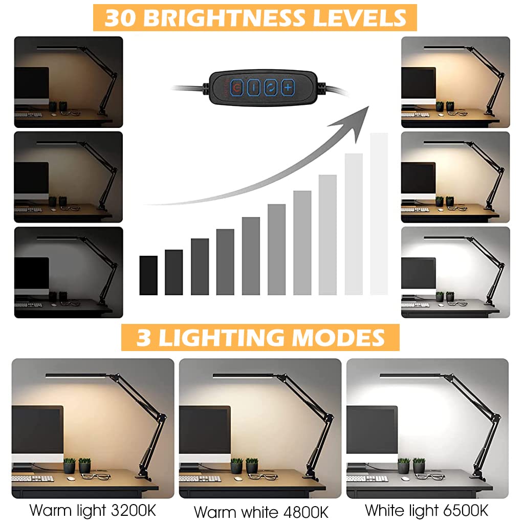ELEPHANTBOAT LED Desk Lamp Screw Fixed Desk Lamp Eye-Friendly LED Desk Lamp Work Lamp Dimmable Study Lamp Flexible Lamp Arm, USB Power LED Desk Lamp for Home, Office