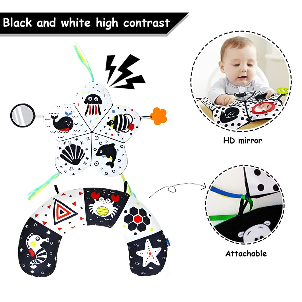 SNOWIE SOFT® Baby Pillows for New Born Tummy Time Pillow Toy with Crinkle Mat, Black and White High Contrast Baby Toy with Mirror, Montessori Sensory Crawling Toy for Infant Newborn 0 3 6 12