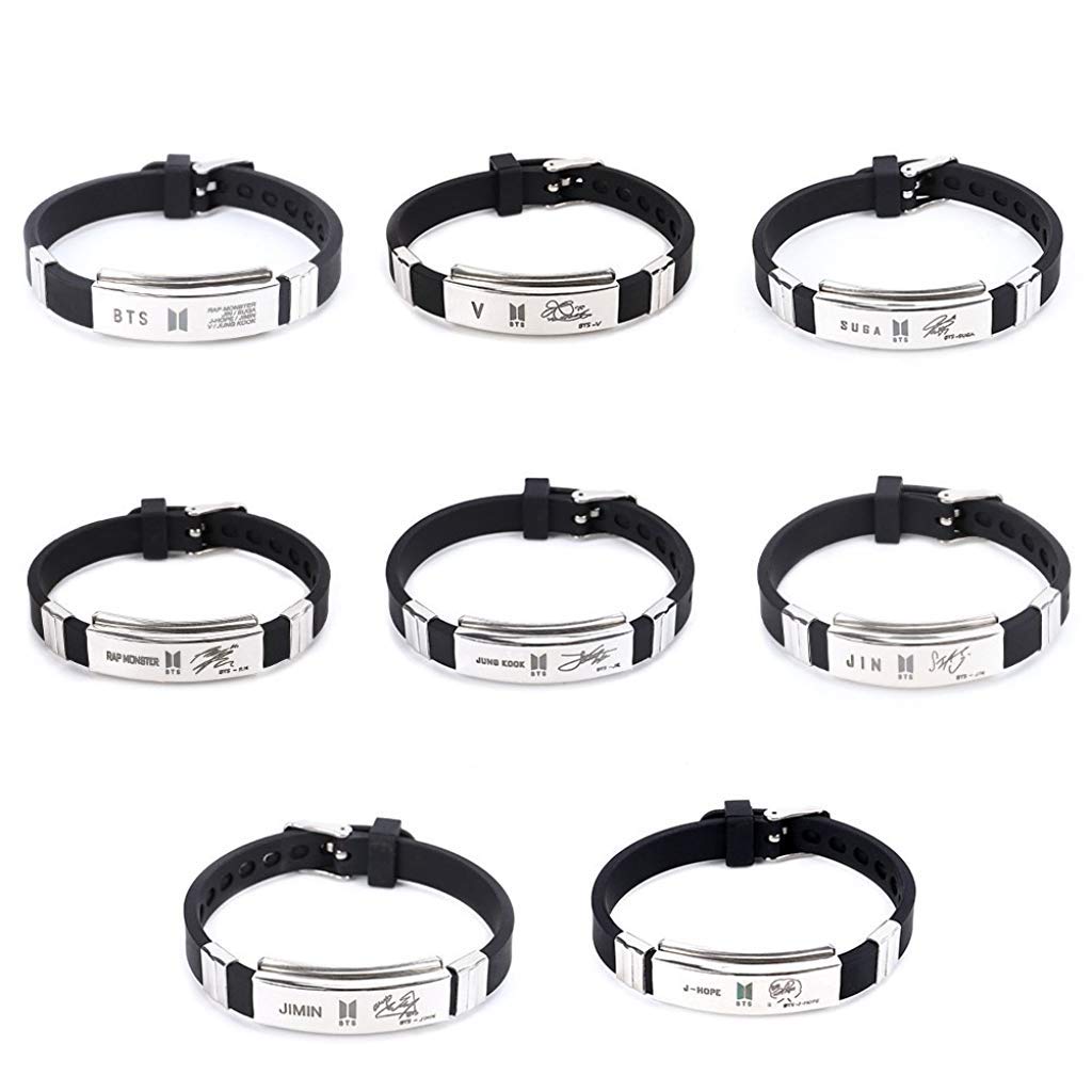 SANNIDHI Kpop BTS Stainless Steel Silicon Wristband Bangtan Bracelet Jungkook Jimin V Suga Jin J-Hope Rap Monster Wristband Wristlet for Unisex Adult (Multi Colour)