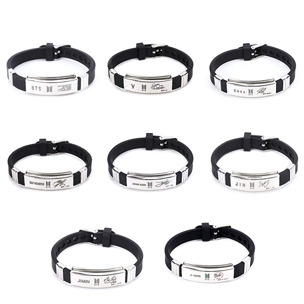 SANNIDHI Kpop BTS Stainless Steel Silicon Wristband Bangtan Bracelet Jungkook Jimin V Suga Jin J-Hope Rap Monster Wristband Wristlet for Unisex Adult (Multi Colour)